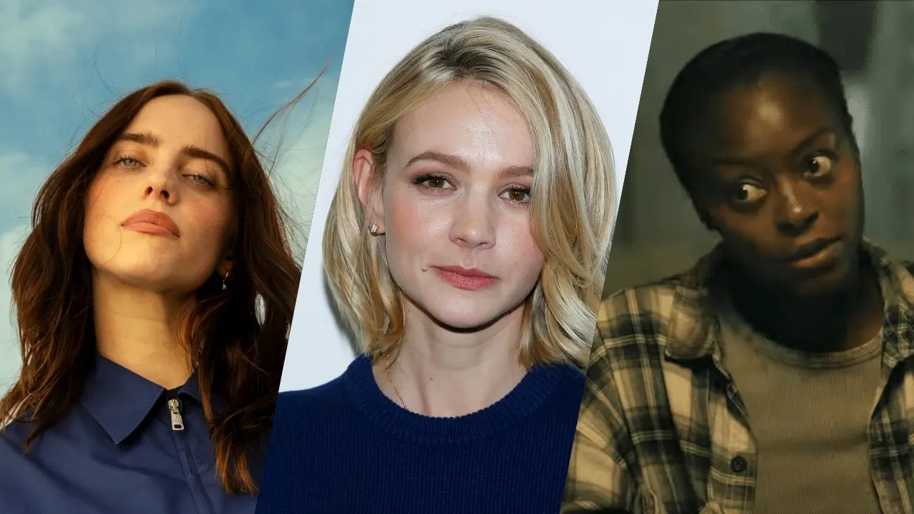 Billie Eilish, Carey Mulligan e Danielle Deadwyler em uma montagem de três fotos em close para o filme A Redoma de Vidro.